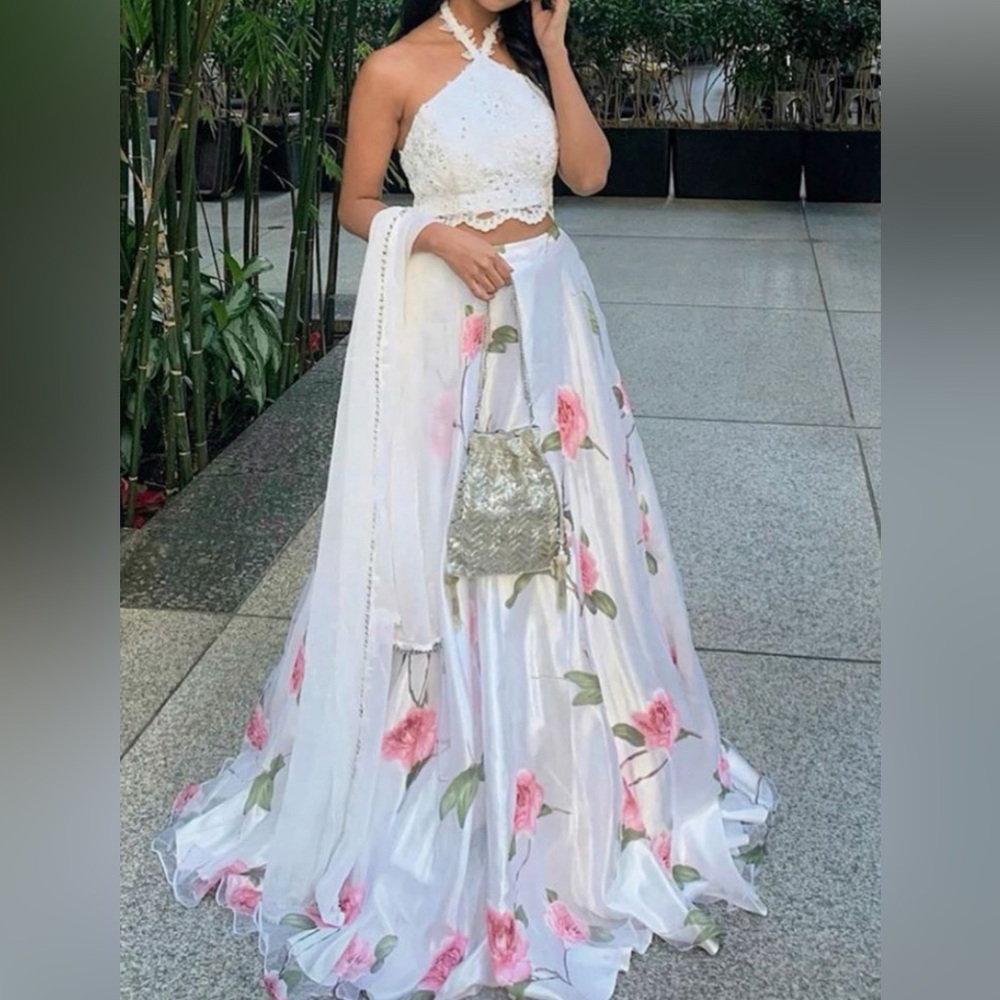 Women Two Piece Prom Formal Dress White Floral Poofy